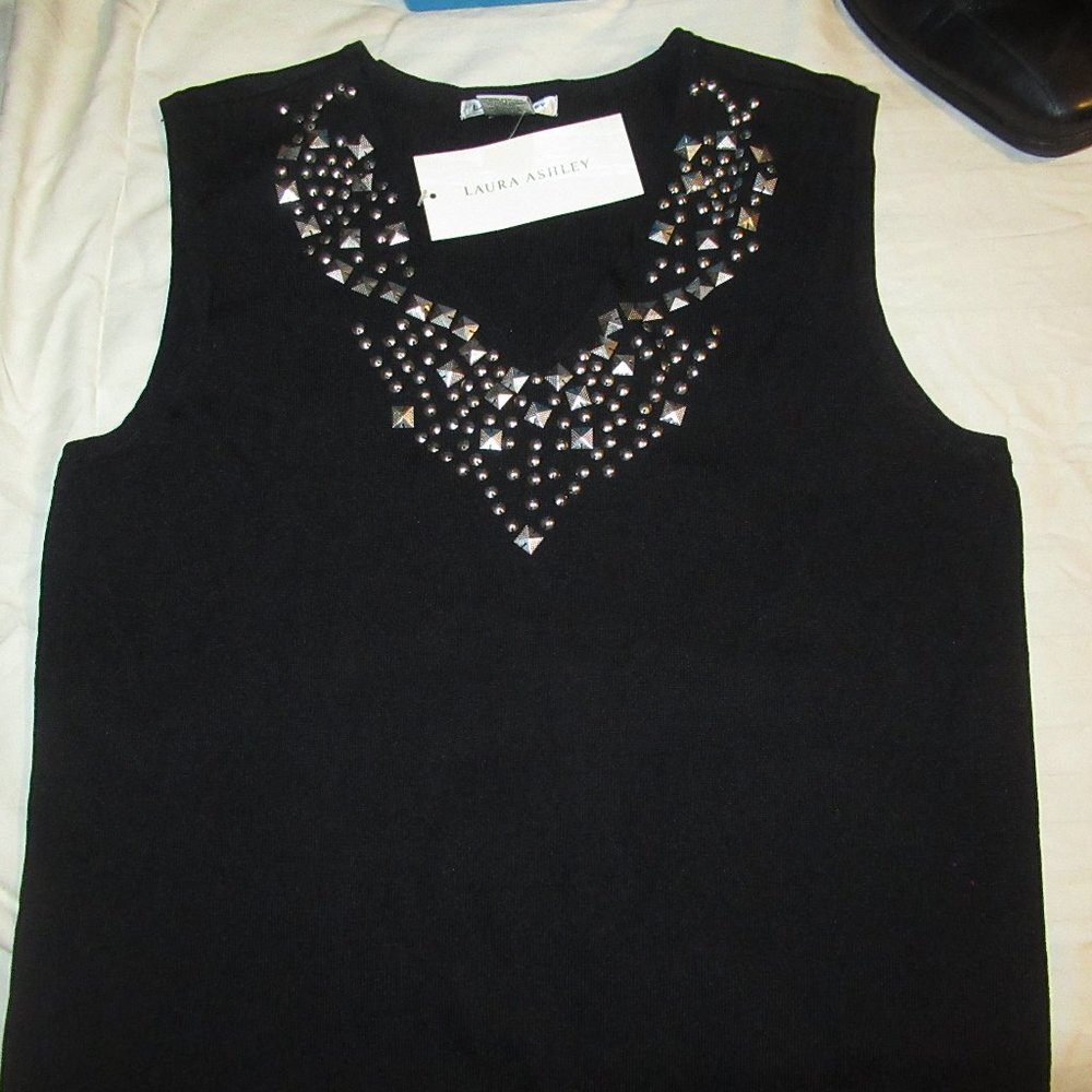 Laura Ashley Black Embellished Shell Tank Small NWT